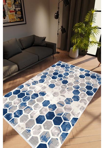 Modern Patchwork Lacivert Altıgen Gri Mavi Kaydırmaz Kesme Yıkanabilir Ince Halı
