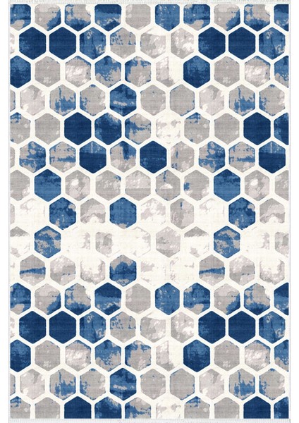 Modern Patchwork Lacivert Altıgen Gri Mavi Kaydırmaz Kesme Yıkanabilir Ince Halı fiyatları