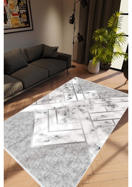 Eskitme Geometrik Gri Kaydırmaz Kesme Yıkanabilir Ince Halı