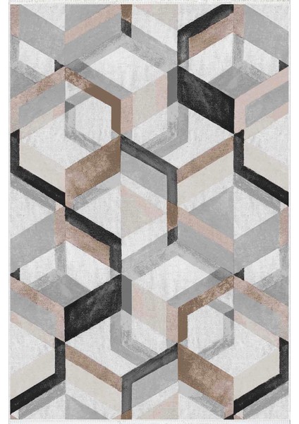 Modern Geometrik Kahverengi Gri Kaydırmaz Kesme Yıkanabilir Ince Halı