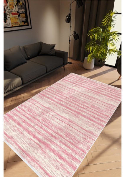 Modern Eskitme Pembe Beyaz Kaydırmaz Kesme Yıkanabilir Ince Halı