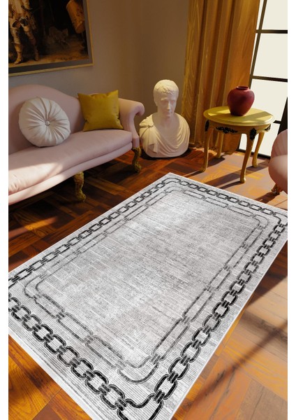 Klasik Zincir Desenli Gri Kaydırmaz Kesme Yıkanabilir Ince Halı