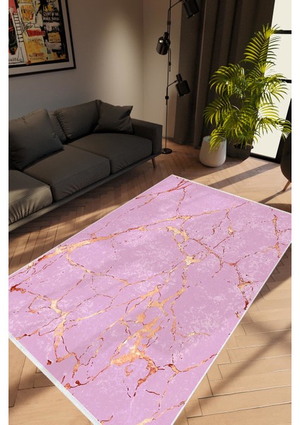 Taş Mermer Modern Gold Pembe Altın Kaydırmaz Kesme Yıkanabilir Ince Halı