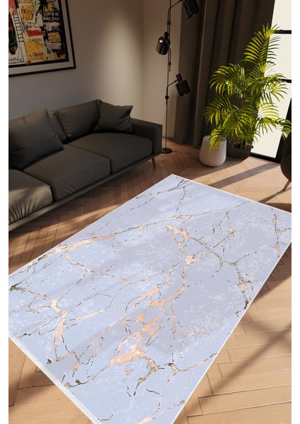 Taş Mermer Modern Gold Mavi Altın Kaydırmaz Kesme Yıkanabilir Ince Halı