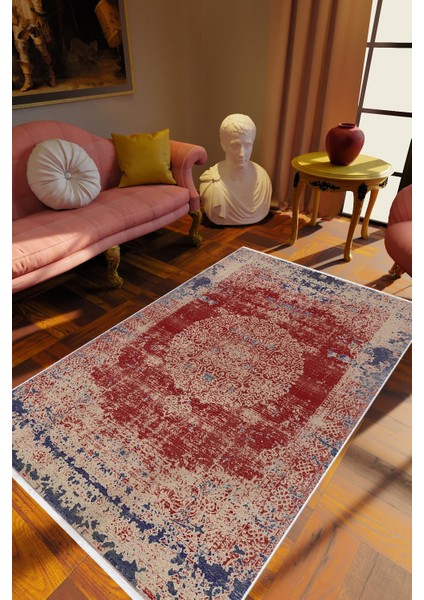 Klasik Eskitme Bordo Krem Mavi Kaydırmaz Kesme Yıkanabilir Ince Halı