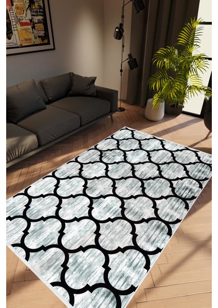 Modern Geometrik Gri Siyah Kaydırmaz Kesme Yıkanabilir Ince Halı