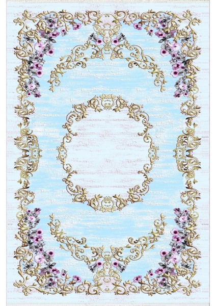 Figürlü Çiçekli Mavi Turkuaz Mor Metalik Kaydırmaz Kesme Yıkanabilir Ince Halı fiyatları