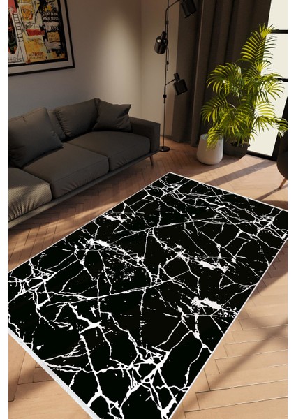 Taş Mermer Modern Siyah Kaydırmaz Kesme Yıkanabilir Ince Halı
