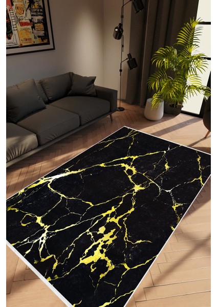 Taş Mermer Modern Gold Siyah Altın Kaydırmaz Kesme Yıkanabilir Ince Halı