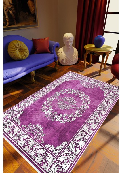 Klasik Eskitme Mor Beyaz Kaydırmaz Kesme Yıkanabilir Ince Halı