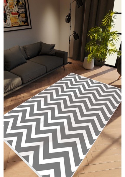 Modern Zig Zag Gri Kaydırmaz Kesme Yıkanabilir Ince Halı