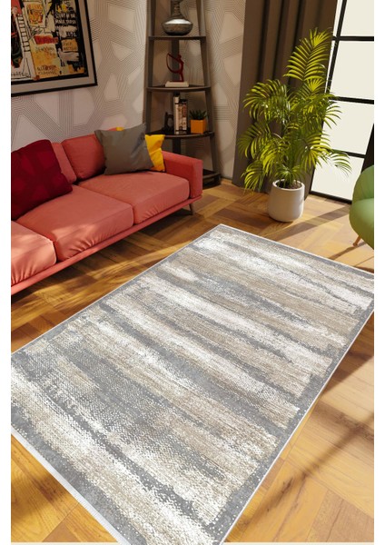 Modern Eskitme Gri Krem Kaydırmaz Kesme Yıkanabilir Ince Halı
