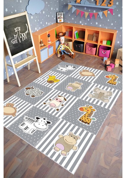 Çocuk Halısı Figürlü Hayvan Gri Kaydırmaz Kesme Yıkanabilir Ince Halı