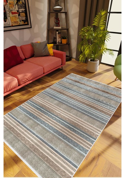 Eskitme Çizgili Kahverengi Gri Kaydırmaz Kesme Yıkanabilir Ince Halı