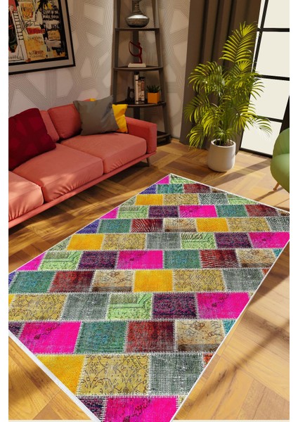 Modern Patchwork Yeşil Kaydırmaz Kesme Yıkanabilir Ince Halı