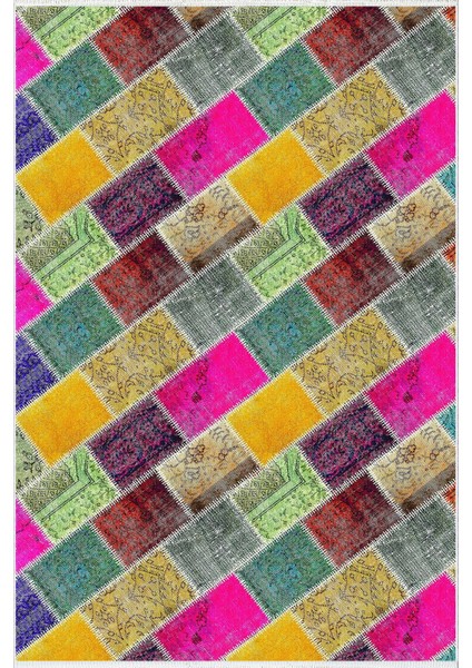 Modern Patchwork Yeşil Kaydırmaz Kesme Yıkanabilir Ince Halı fiyatları