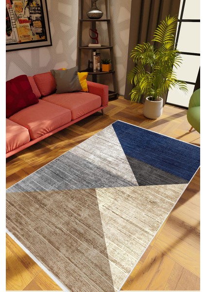 Modern Patchwork Gri Lacivert Kahverengi Kaydırmaz Kesme Yıkanabilir Ince Halı
