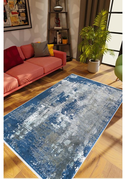 Modern Eskitme Lacivert Gri Mavi Kaydırmaz Kesme Yıkanabilir Ince Halı