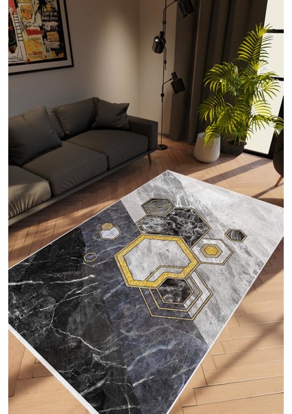 Modern Geometrik Altın Gold Altıgen Gri Siyah Kaydırmaz Kesme Yıkanabilir Ince Halı