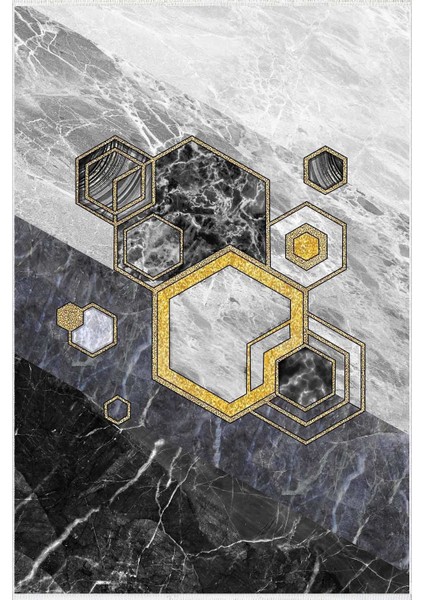 Modern Geometrik Altın Gold Altıgen Gri Siyah Kaydırmaz Kesme Yıkanabilir Ince Halı fiyatları