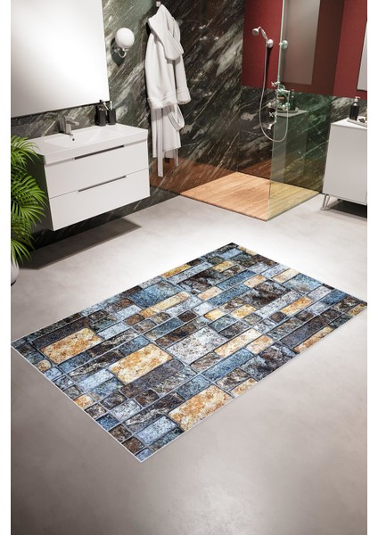 Banyo Paspası Eskitme Taş Desenli Mavi Kahverengi Kaydırmaz Kesme Yıkanabilir Ince Halı