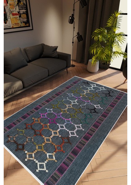 Modern Geometrik Mor Gri Kaydırmaz Kesme Yıkanabilir Ince Halı