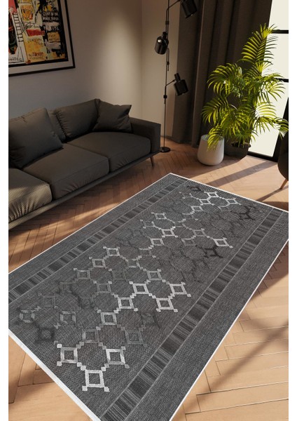 Modern Geometrik Gri Kaydırmaz Kesme Yıkanabilir Ince Halı