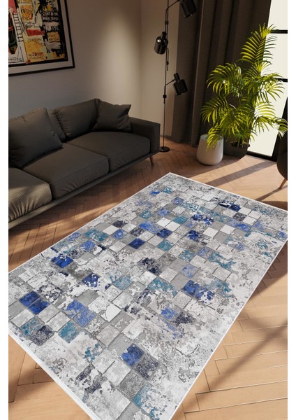 Modern Patchwork Mozaik Desen Gri Mavi Kaydırmaz Kesme Yıkanabilir Ince Halı