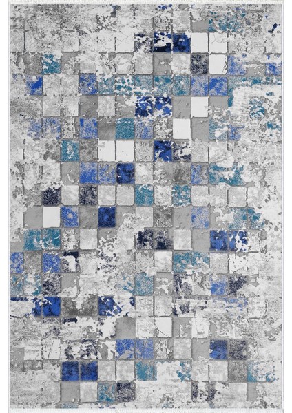 Modern Patchwork Mozaik Desen Gri Mavi Kaydırmaz Kesme Yıkanabilir Ince Halı