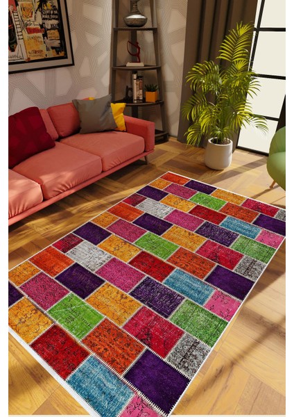 Modern Patchwork Bordo Kaydırmaz Kesme Yıkanabilir Ince Halı