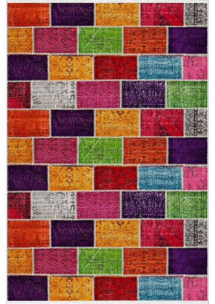 Modern Patchwork Bordo Kaydırmaz Kesme Yıkanabilir Ince Halı