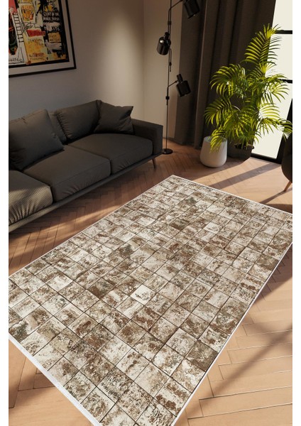 Modern Patchwork Mozaik Desen Kahverengi Vizon Kaydırmaz Kesme Yıkanabilir Ince Halı