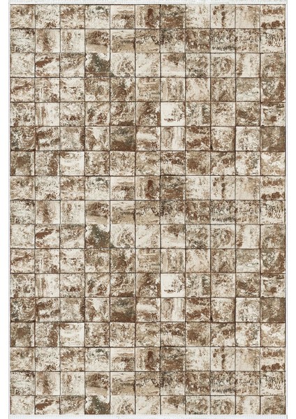 Modern Patchwork Mozaik Desen Kahverengi Vizon Kaydırmaz Kesme Yıkanabilir Ince Halı