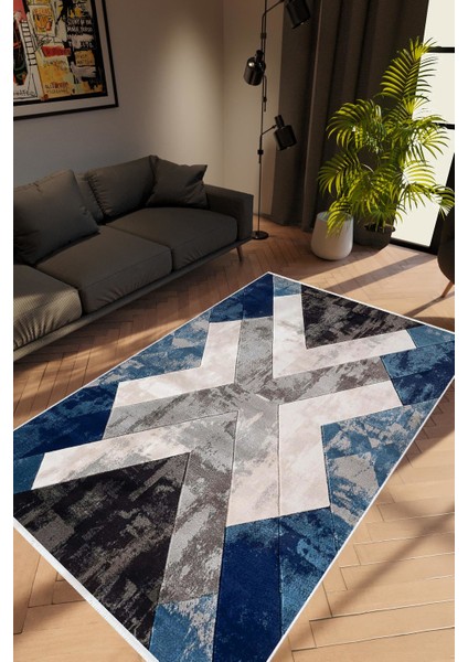 Modern Geometrik Gümüş Lacivert Gri Siyah Kaydırmaz Kesme Yıkanabilir Ince Halı