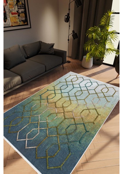 Modern Geometrik Lacivert Kaydırmaz Kesme Yıkanabilir Ince Halı