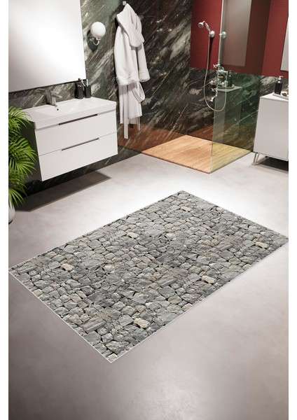 Banyo Paspası Eskitme Taş Desenli Gri Kaydırmaz Kesme Yıkanabilir Ince Halı