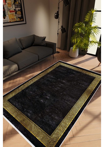 Modern Çizgili Altın Siyah Gold Kaydırmaz Kesme Yıkanabilir Ince Halı