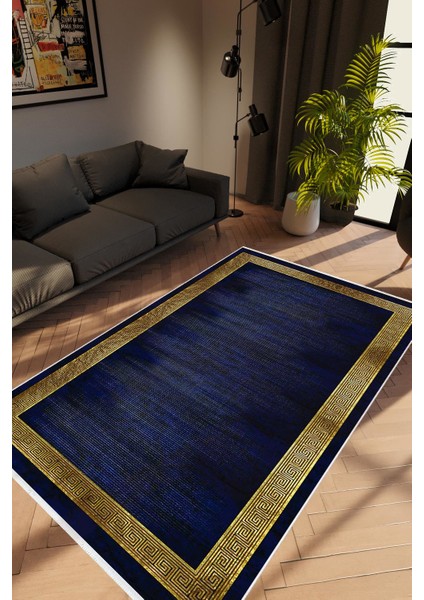 Modern Çizgili Altın Lacivert Gold Kaydırmaz Kesme Yıkanabilir Ince Halı