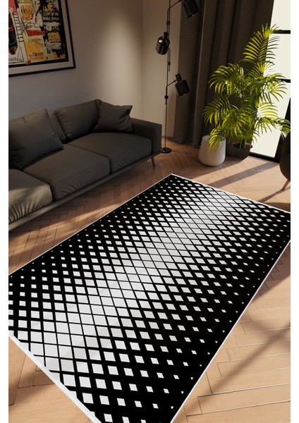 Modern Geometrik Siyah Beyaz Kaydırmaz Kesme Yıkanabilir Ince Halı