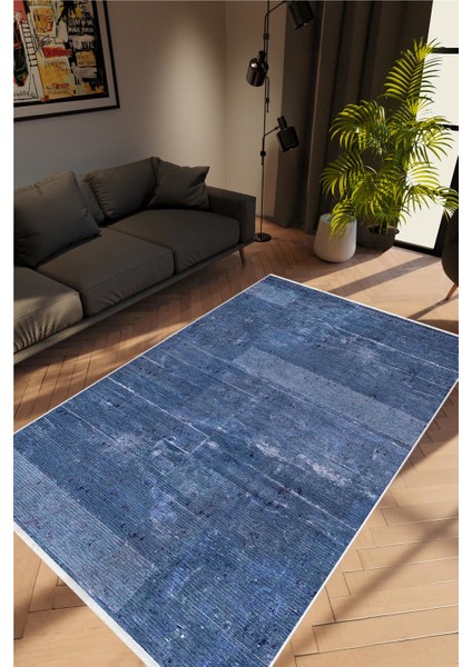 Modern Eskitme Lacivert Indigo Kaydırmaz Kesme Yıkanabilir Ince Halı