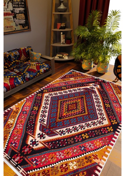 Kilim Desenli Otantik Eskitme Kahverengi Kaydırmaz Kesme Yıkanabilir Ince Halı