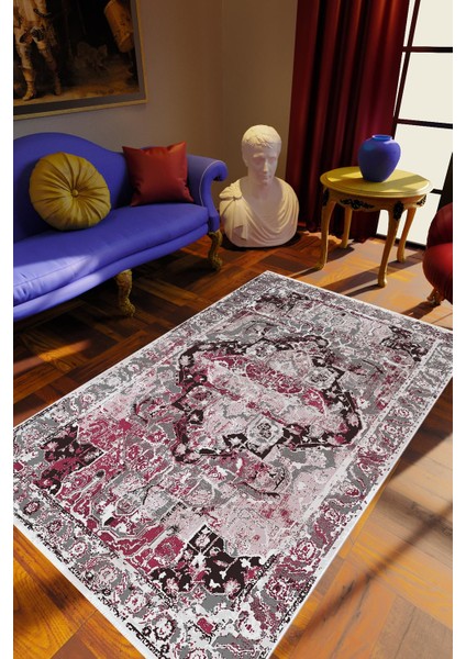 Klasik Eskitme Bordo Mürdüm Gri Kaydırmaz Kesme Yıkanabilir Ince Halı