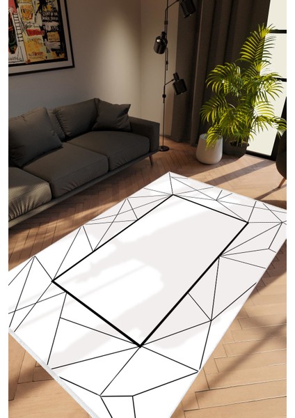 Modern Geometrik Beyaz Siyah Kaydırmaz Kesme Yıkanabilir Ince Halı