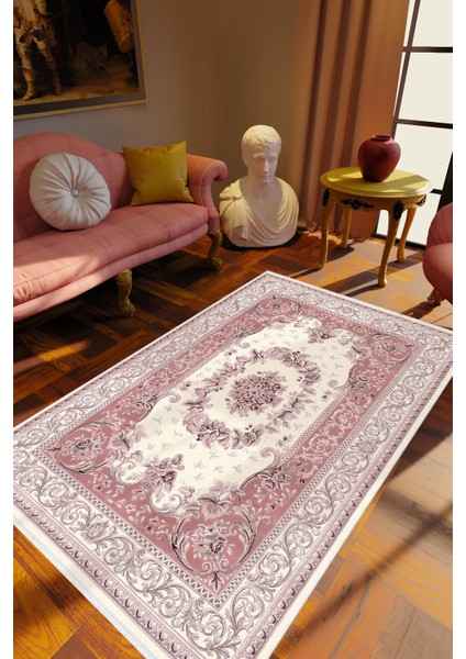 Figürlü Çiçekli Pembe Beyaz Kaydırmaz Kesme Yıkanabilir Ince Halı