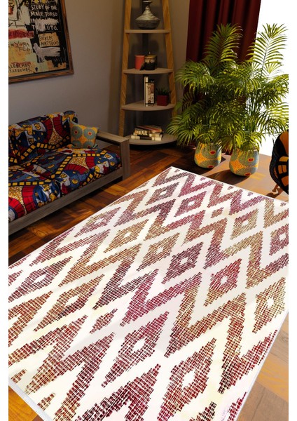 Otantik Eskitme Zig Zag Baklava Desen Bordo Kaydırmaz Kesme Yıkanabilir Ince Halı