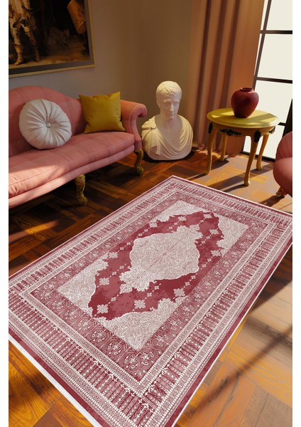 Klasik Bordo Krem Kaydırmaz Kesme Yıkanabilir Ince Halı