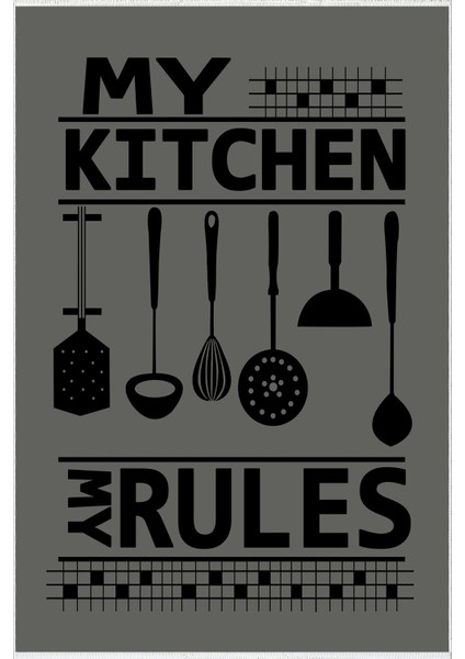 Mutfak Halısı Modern My Kitchen My Rules Gri Siyah Kaydırmaz Kesme Yıkanabilir Ince Halı fiyatları