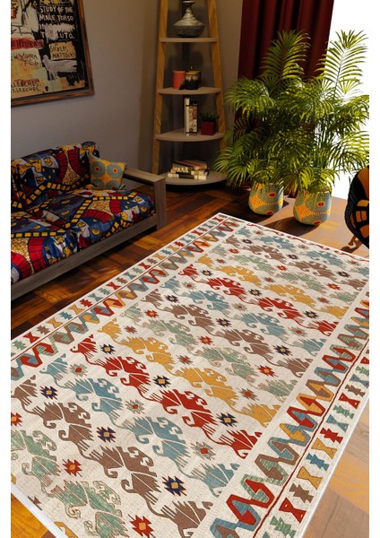 Kilim Desenli Otantik Eskitme Turuncu Kaydırmaz Kesme Yıkanabilir Ince Halı