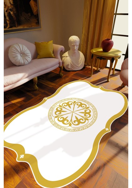 Klasik Modern Altın Gold Sarı Ekru Kahverengi Kaydırmaz Kesme Yıkanabilir Ince Halı