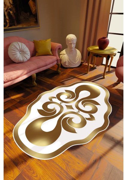 Klasik Modern Gold Altın Beyaz Metalik Kaydırmaz Kesme Yıkanabilir Ince Halı
